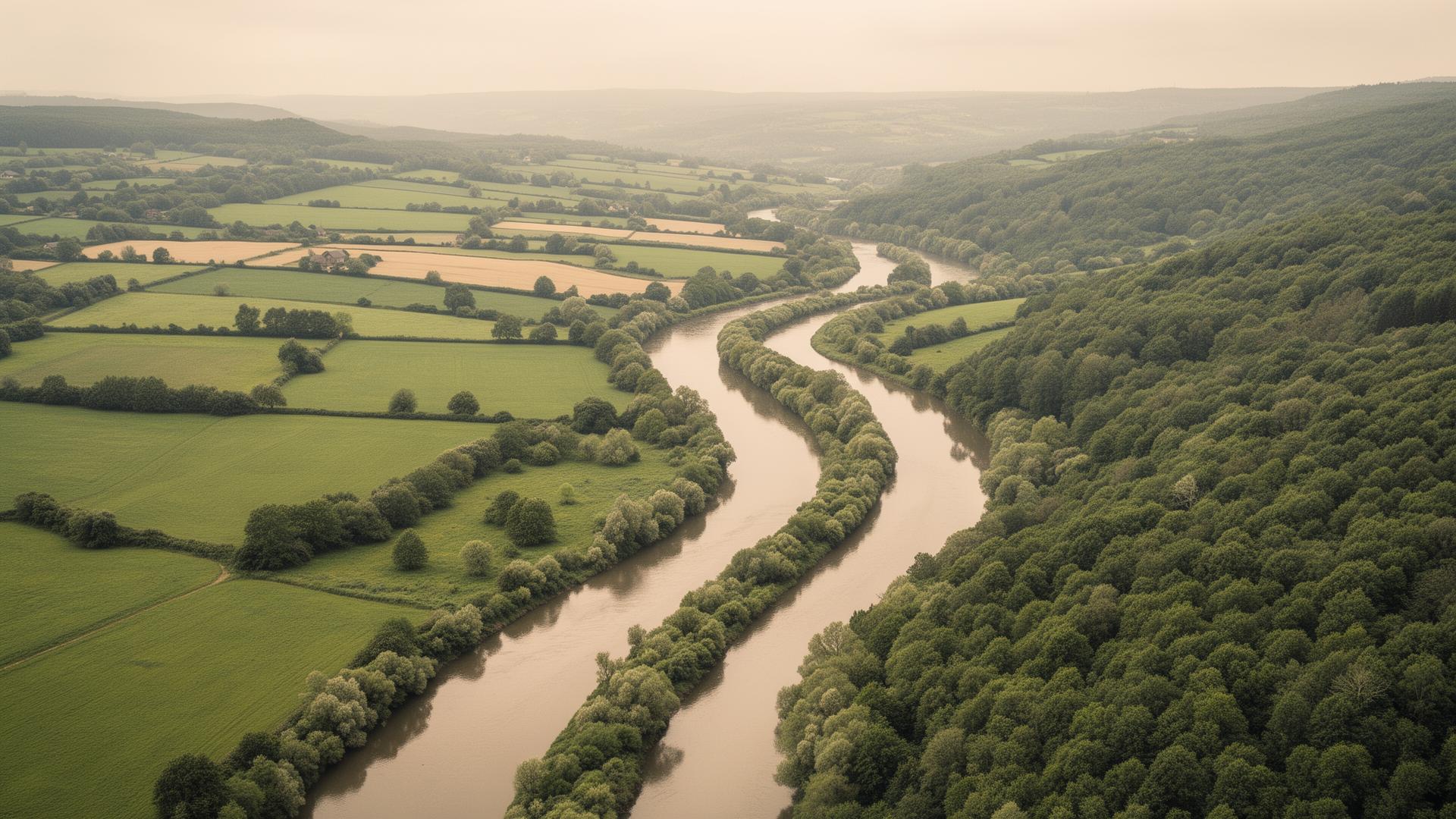 Aerial view of a winding river through a green valley