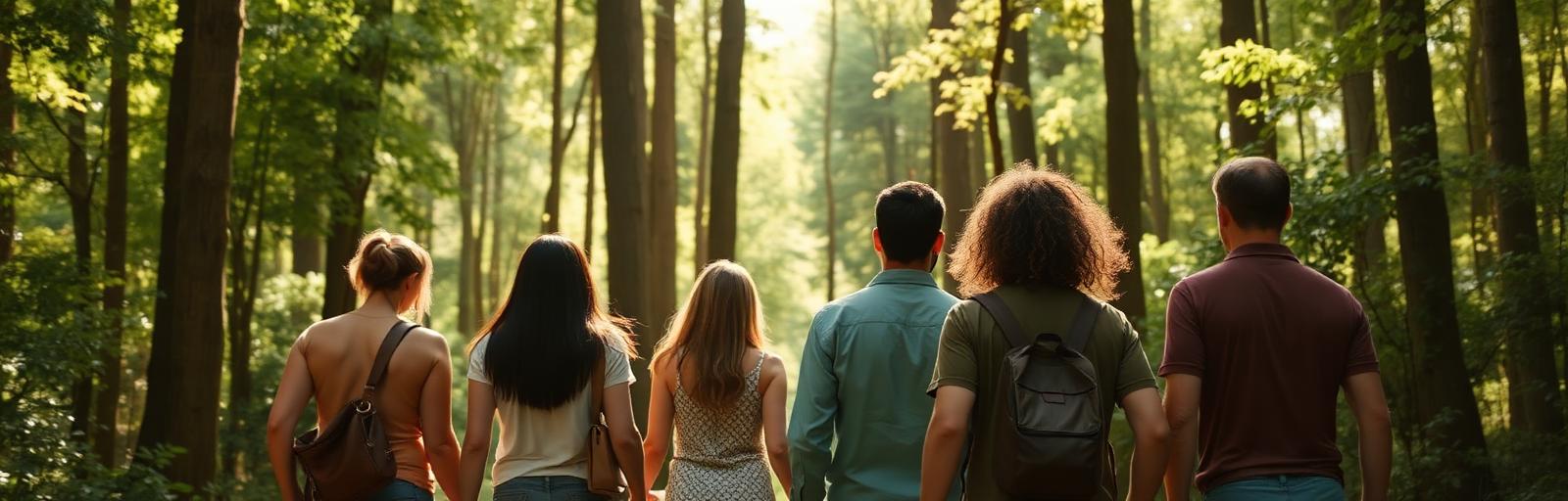 A small group walking together along a sunlit forest path
