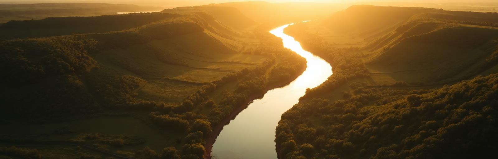 Aerial view of a river forking through a green valley at golden hour