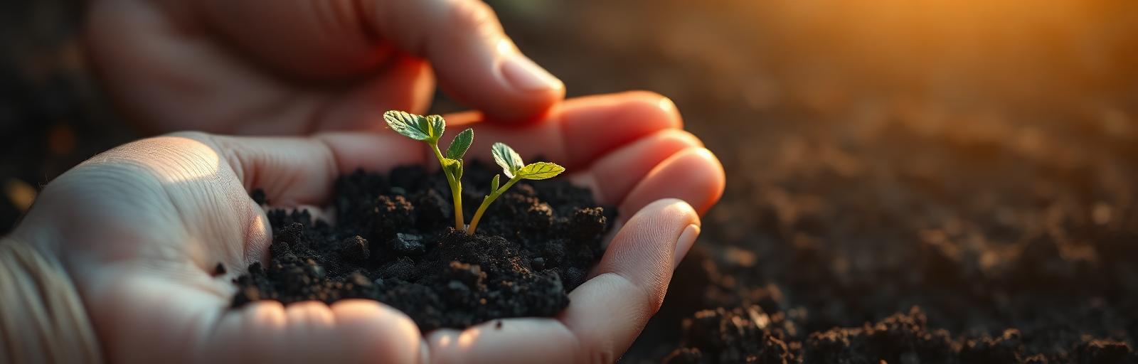A hand cupping a young sprout pushing through soil