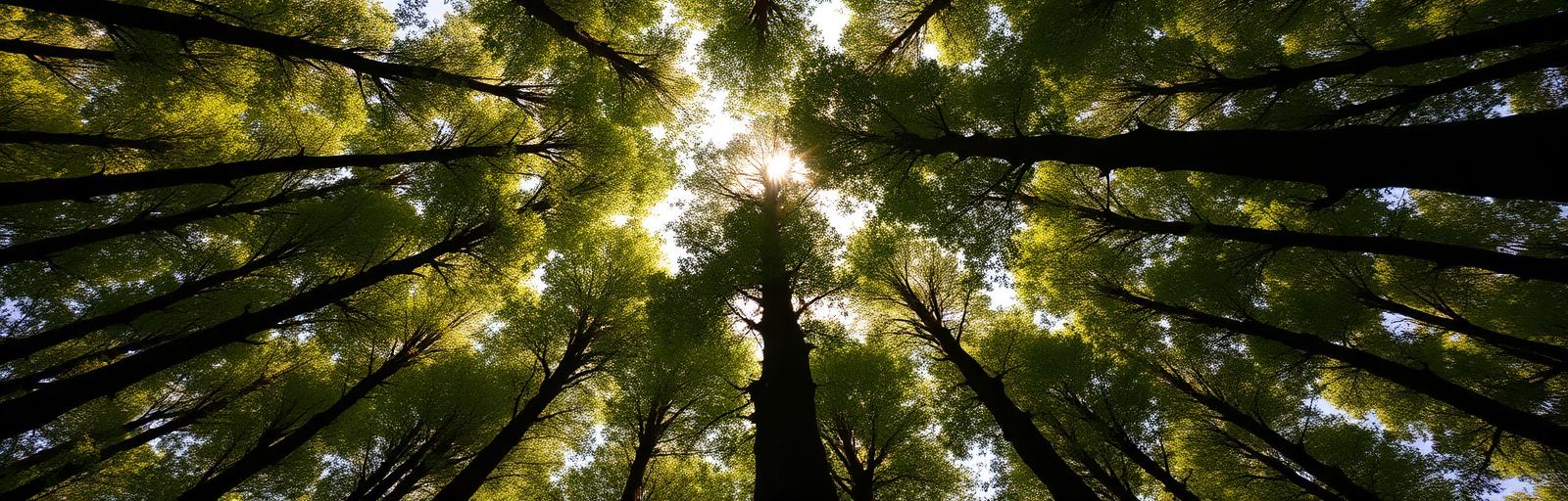 Looking up into a vast forest canopy with sunlight breaking through